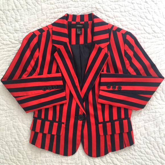 3/$15 Women's Red & Black stripe Lined Blazer, Cropped Coat, Jacket, Never Worn - Picture 3 of 7